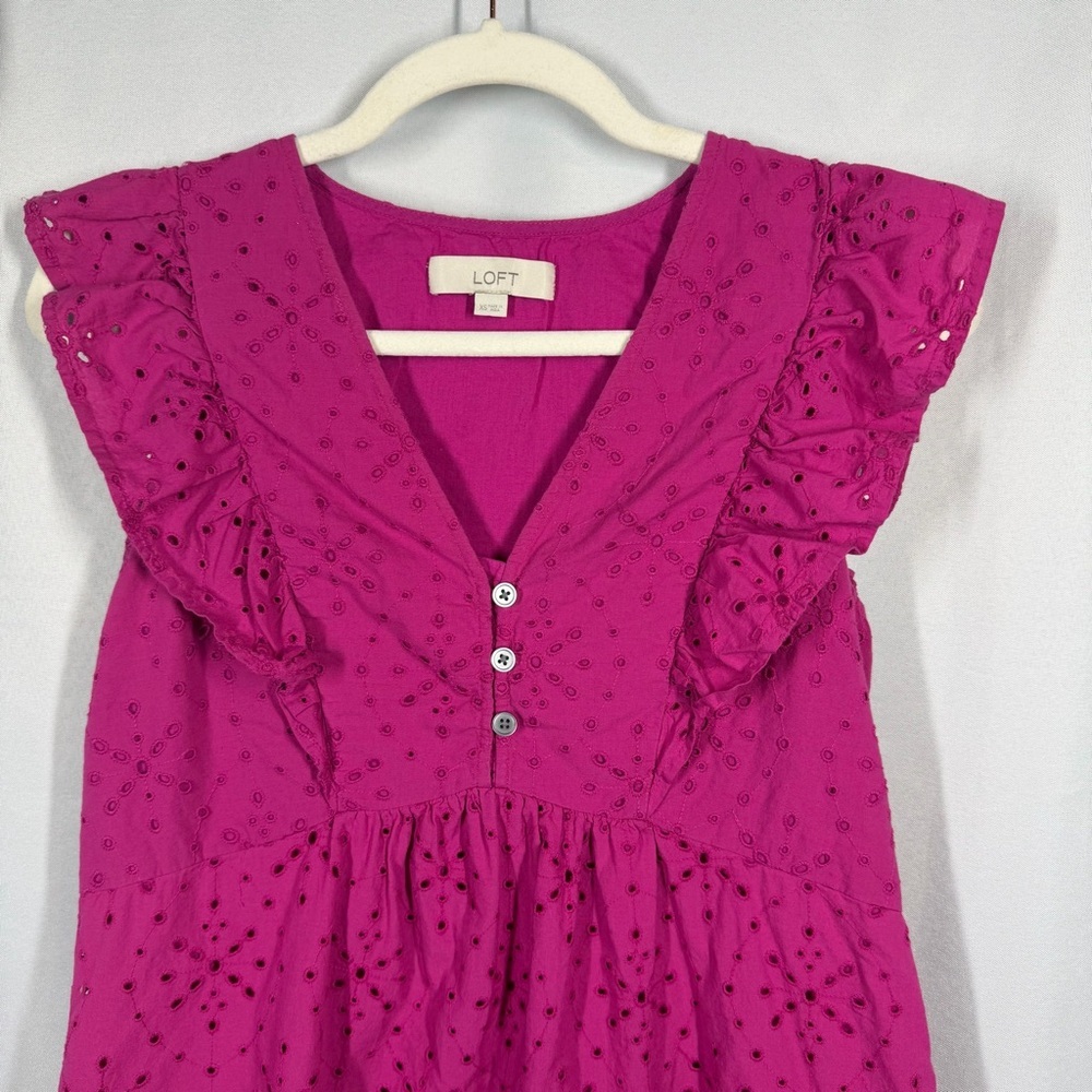 LOFT | Eyelet Flutter Sleeve Dress Magenta Pink Purple Mini Women's Size XS - Picture 4 of 11